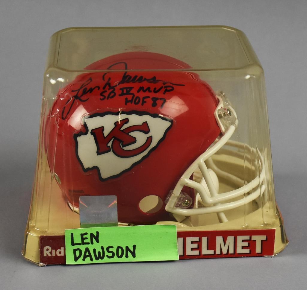 Len Dawson Signed KC Chiefs Mini Helmet, Hologram Sticker: Lot is for a Len Dawson signed mini helmet. Dawson played for Kansas City Chiefs as quarterback. Helmet is in the original packaging and retains the original NFL hologram sticker number A65885090.