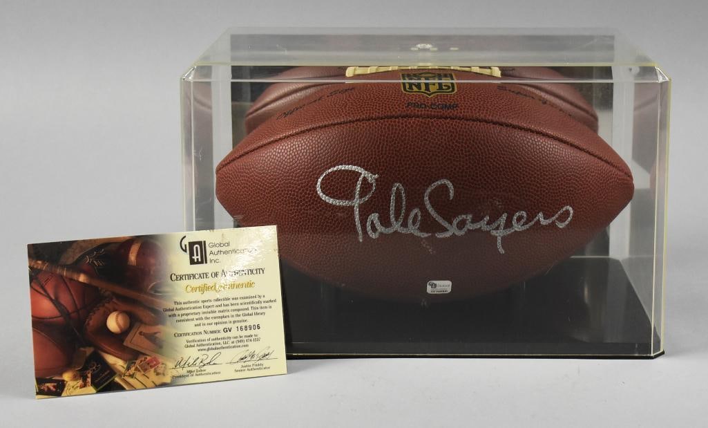 Chicago Bears Gale Sayers Signed Football w/ COA: Very nice signed football from Chicago Bears running back, Gale Sayers. It comes with a COA from Global Authentication, Inc. and includes the original sticker GV168906. Comes in a great clear display 