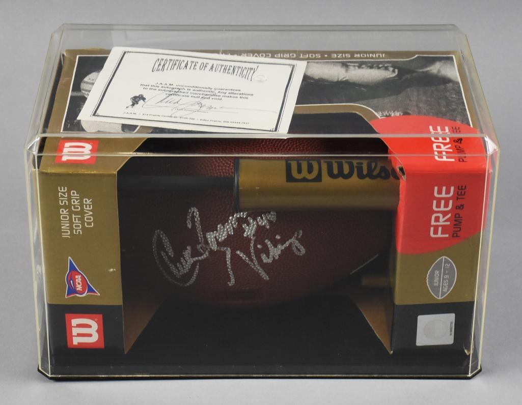 Chuck Foreman Vikings Signed Football w/ COA: Running back for the Minnesota Vikings, Chuck Foreman signed this football. Wilson ball in the original box and includes a COA from J.A.A.M. that has also been signed by Foreman.