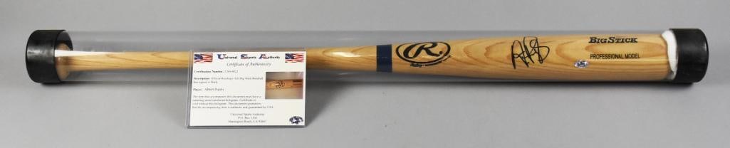 Albert Pujols Signed Baseball Bat w/ COA, Hologram Sticker: Terrific baseball bat signed by Anaheim Angels superstar Albert Pujols. It is a Rawlings Big Stick Professional Model. Comes with a COA from Universal Sports Authority and a hologram sticker USA 6021.