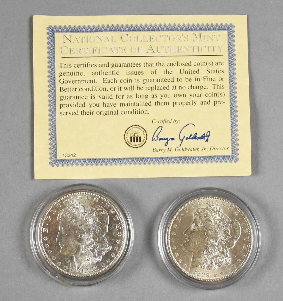 1881, 1889 Morgan Silver Dollars - COA: Lot is for a pair of Morgan silver dollars, One dated 1881 and one 1889. Come with a COA.
