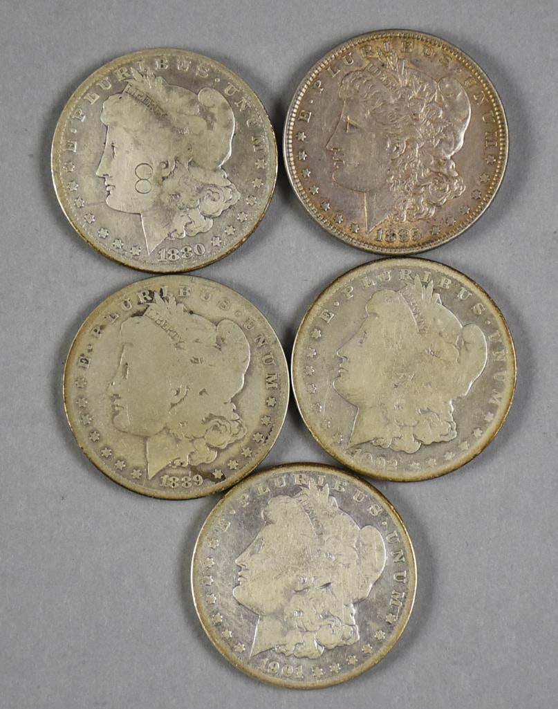 1880-1902 Morgan Silver Dollars: Lot is for five Morgan silver dollars. Dates are 1880, 1885, 1889, 1901 and 1902.?
