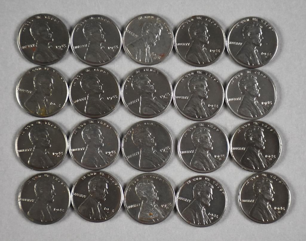 (20) 1943-S Steel Wheat Pennies: Lot is for 20 1943 S Steel Wheat Pennies.