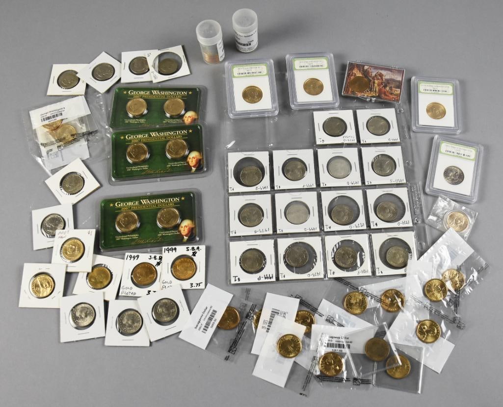 Geo. Washington, Susan B Anthony & Sacagawea Dollar Coins: Lot is for a lot of dollar coins with George Washington, Susan B .Anthony and Sacagawea. Over $50 in face value.