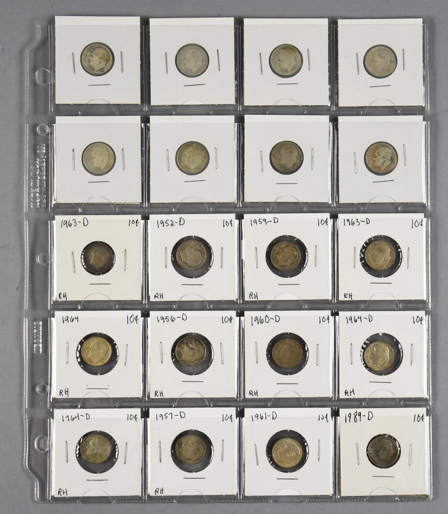 1950s-1980s Roosevelt Dimes, Sleeved and Unchecked: Lot is for 20 Roosevelt dimes, most are silver dimes from the 1950s-60s with one from 1989.