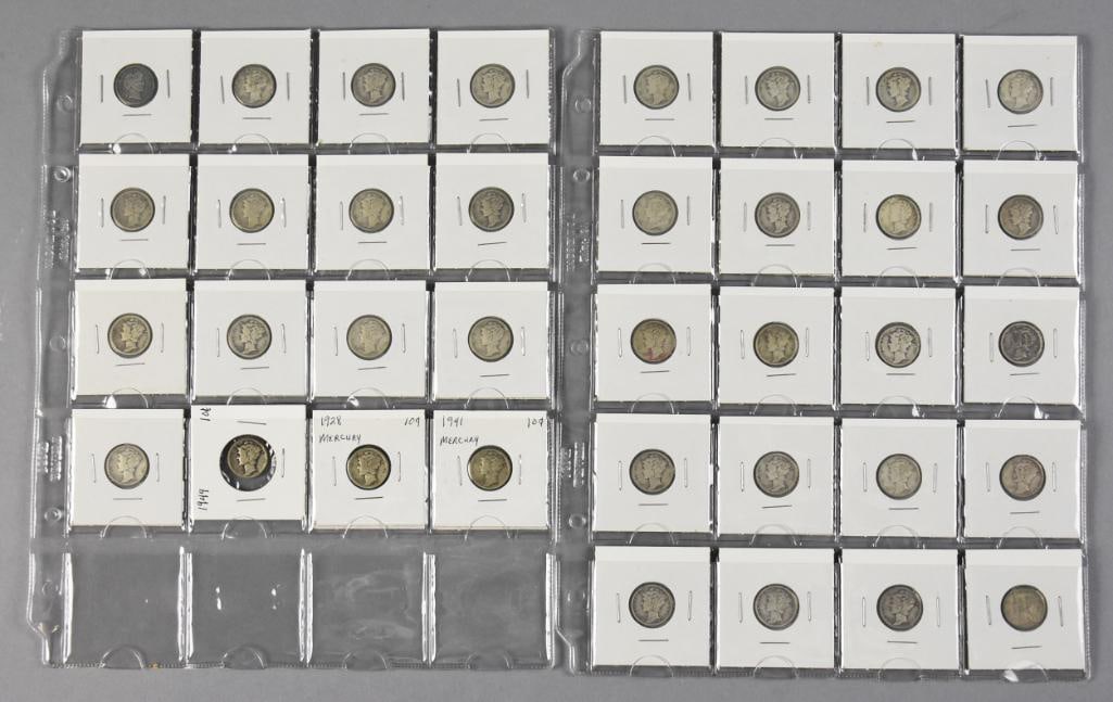 1920s-1940s Mercury Dimes, Sleeved and Unchecked: Lot is 36 Mercury dimes from the 1920s to 1940s. They are in the sleeves and unchecked.