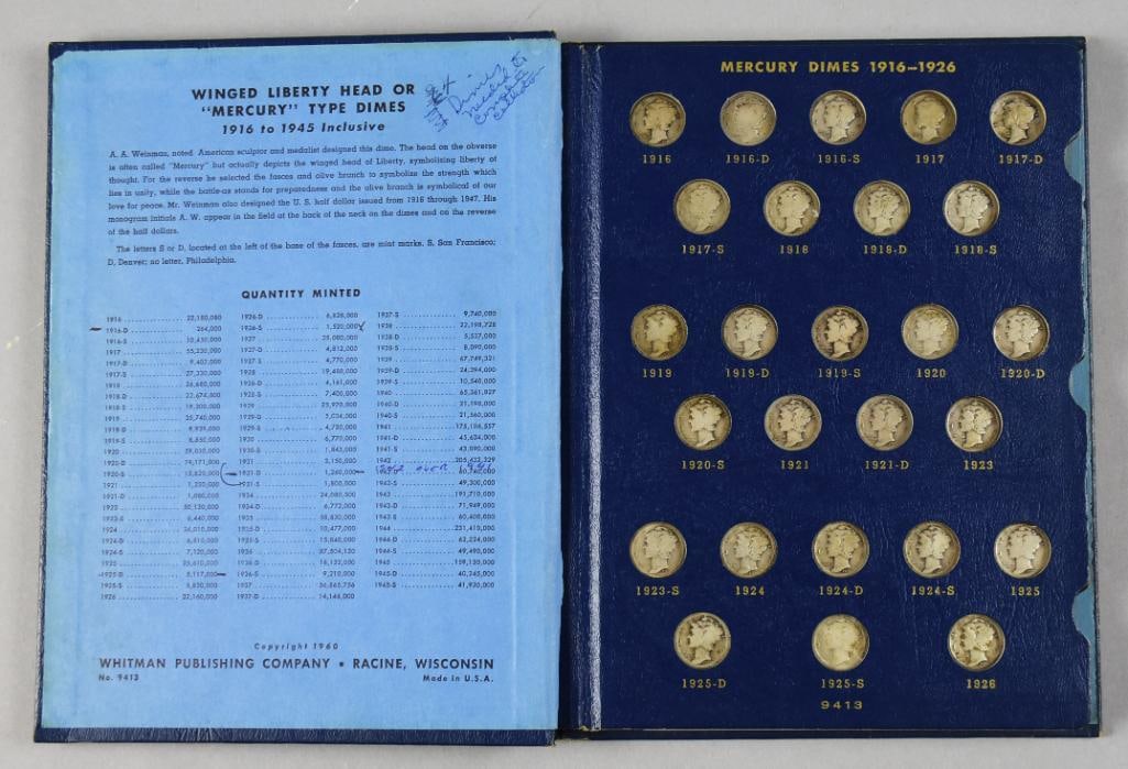 Whitman Mercury Dimes Book 1916-1945-Almost Full: Book is missing a single dime - 42 over 41. 78 of 79 dimes included.