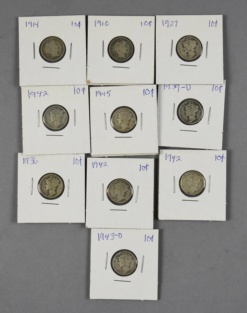 1910s-1940s Mercury Dimes, Sleeved and Unchecked: Lot is 10 1910s to 1940s Mercury silver dimes. Sleeved as shown.