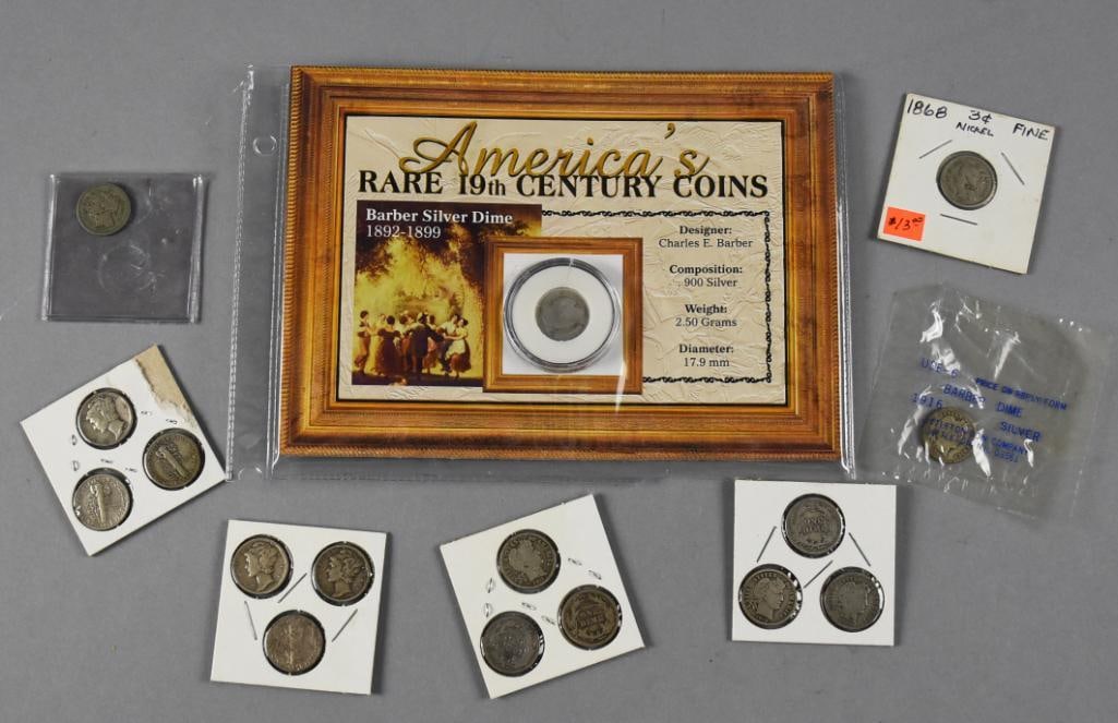 Assorted Barber & Mercury Dime Collection, 3 Cent Nickel: Lot is two Barber dimes, one in display as shown, one in sealed plastic. Next is 12 Mercury dimes and two 3 cent nickels, one 1868 and one 1874.