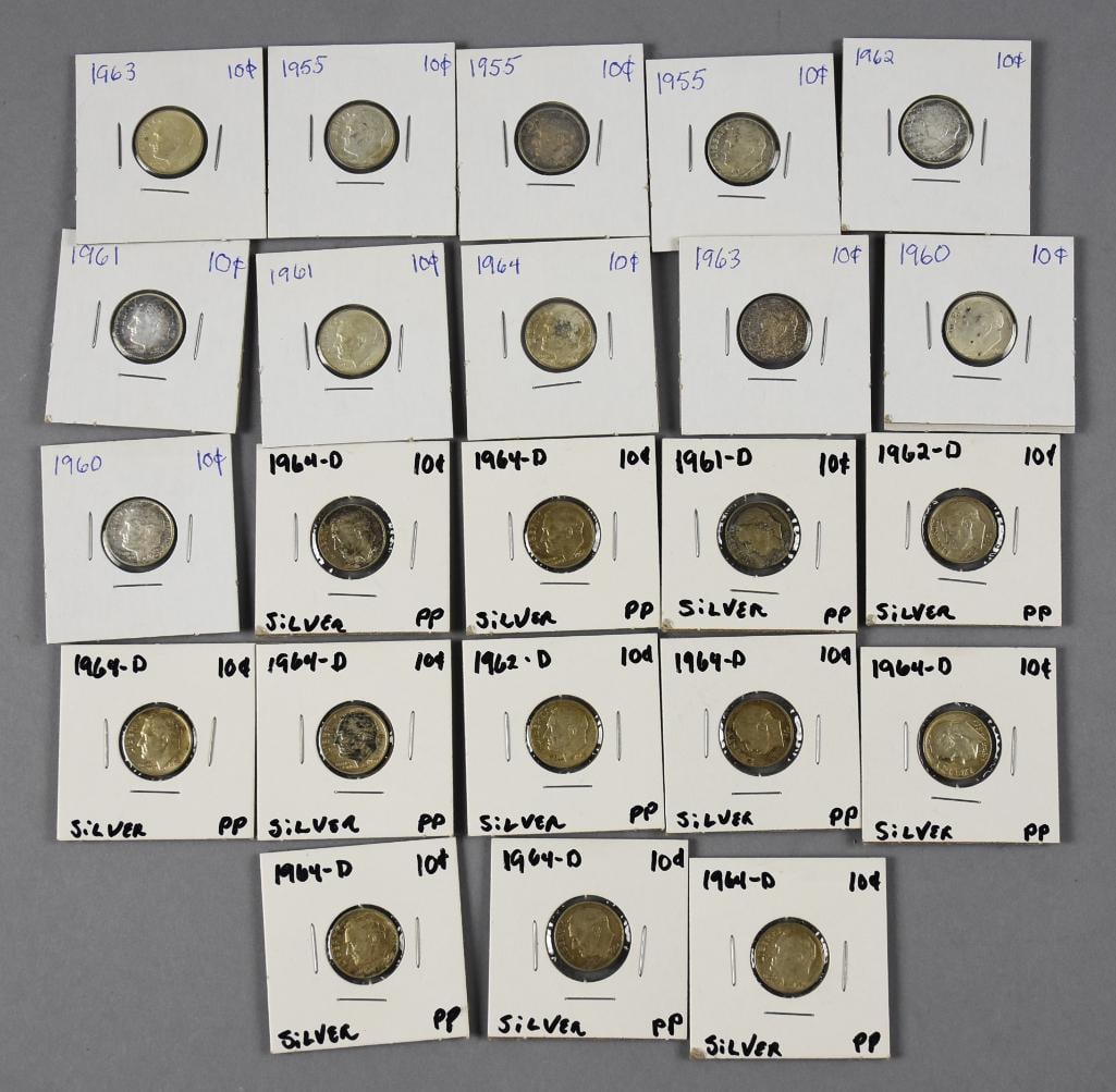 1950s-1960s Roosevelt Dimes, Sleeved and Unchecked: Lot is 23 1950s-1960s Roosevelt dimes, all silver. Sleeved and unchecked.