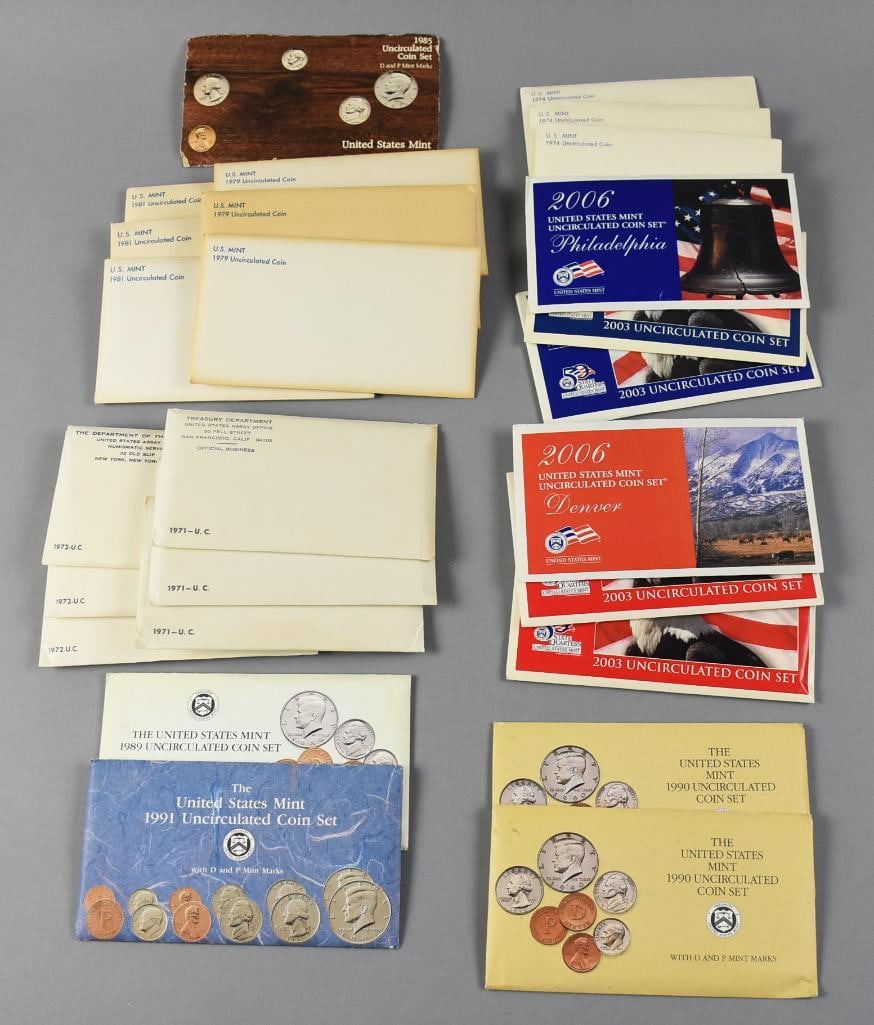 1970s-1990s US Mint Uncirculated Coin Sets: Lot includes four 2003, three each 1971, 1972, 1974, 1979, 1981. Two each 1985, 1990 and 2006 and one each 1989 and 1991.