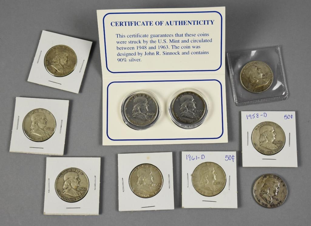 1950s-1960s Franklin Half Dollars, 90% Silver: Lot is for 10 1950s and 1960s Franklin half dollars that are 90% silver.