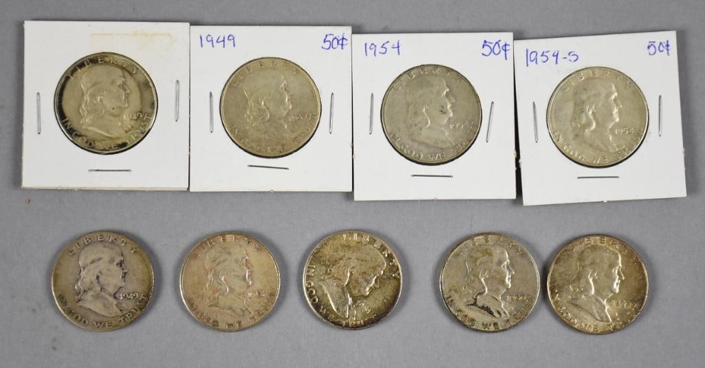 (10) 1940s-60s 90% Silver Franklin Half Dollars (1 of 4)