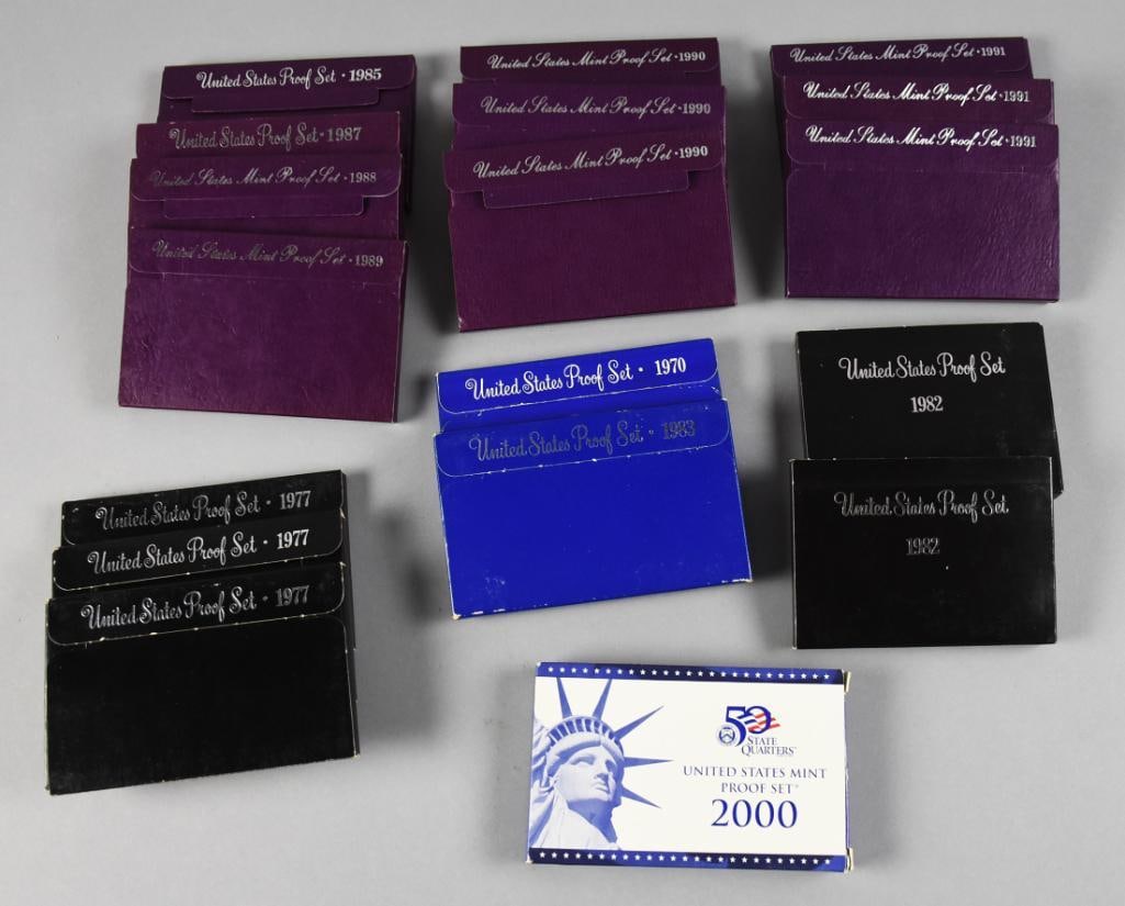 1970s-2000s United States Mint Proof Sets: Lot is one 1970, three 1977, two 1982, a 1983, a 1985, 1987-1989 - one each, three 1990, three 1991 and a 2000.