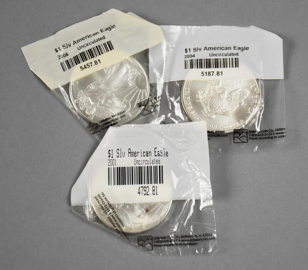 2001, 2004, 2006 Silver American Eagle, Uncirculated: All coins are in the original plastic they were shipped in.