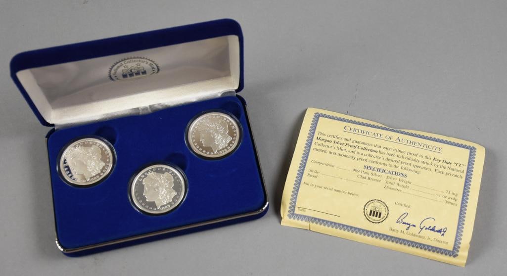 999 Clad Bronze Fine Key Date "CC" Morgan Silver Dollars: These are commemorative key date, Carson City Morgan silver dollars and are 999 clad bronze. Dates are 1879, 1889 and 1893. Come with COA.