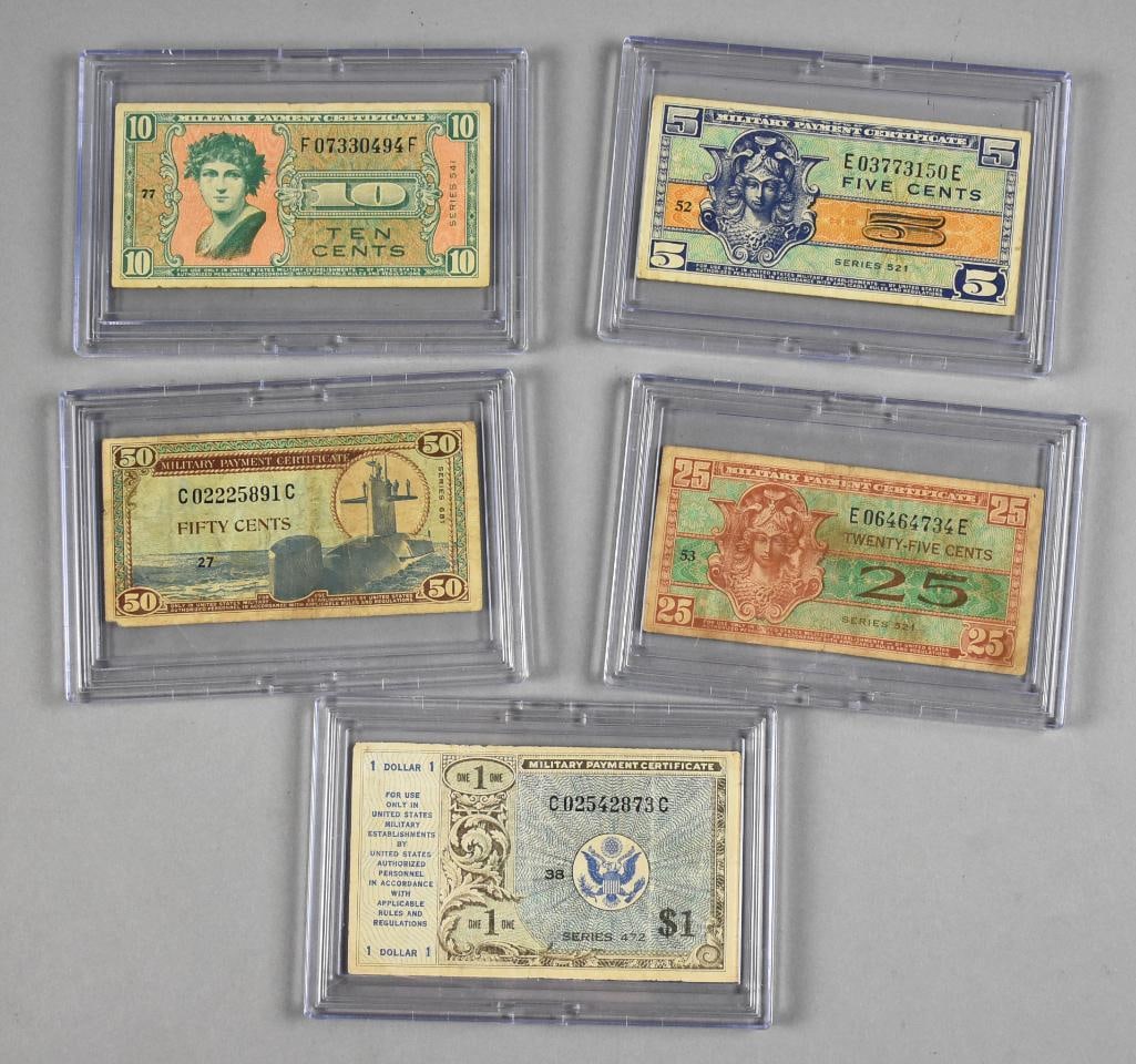 Vintage Military Payment Certificates, Set in Case: This is a set of Military Payment Certificates in a nice display case. They are all believed to be from the late 1940s to early 1950s and were created by the Department of War to help reduce profits