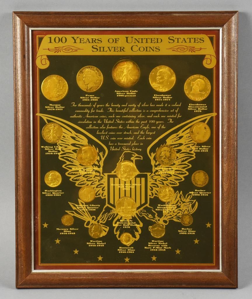 UPM 100 Years of Silver Coins, 20 Silver Coins: Very nice collection of silver coins from UPM Global. Most are 900 silver but also includes a 999 Silver Eagle, 800 Washington Bicentennial Quarter, two 750 Eisenhower Silver Dollars, two 400 Silver