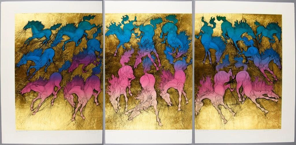 Guillaume Azoulay (b1949) Cavalcade I, II & III Signed Ltd Ed: This is a very amazing triptych serigraph from Moroccan born artist Guillaume Azoulay (b1949). It is called Cavalcade I, II and III with each piece being signed and numbered by the artist and includes