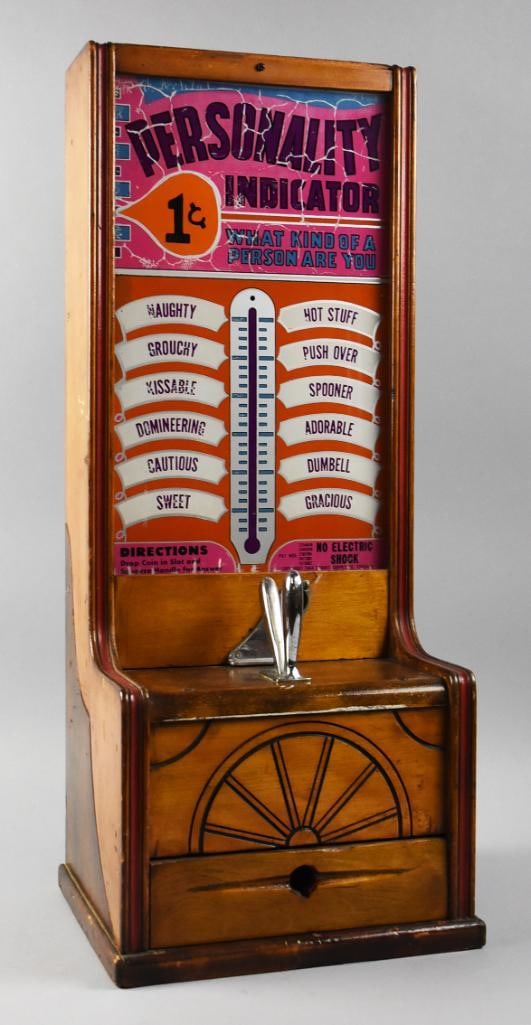 1944 Exhibit Supply Co 1c Personality Indicator: This awesome piece is from the Exhibit Supply Co. in Chicago. This novelty game is called the Personality Indicator and costs a single penny. User inserts a penny and grips the stainless handle to