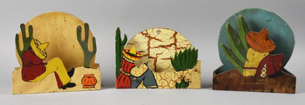 Vintage Mexican Folk Art Siesta Letter Holders: These darling pieces are Mexican folk art and appear to be for holding letters but could be used for organizing anything that fits. Each features a man taking a siesta, one can be mounted to the wall.