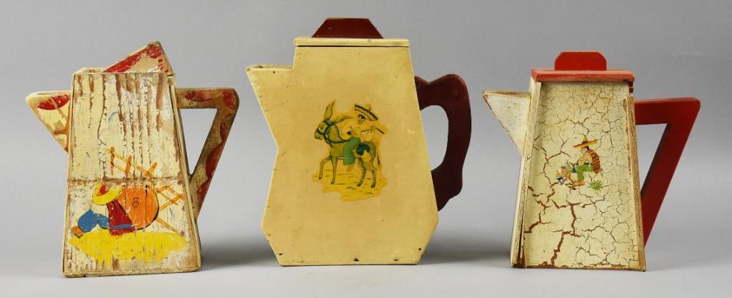 Vintage Southwestern Mexican Wooden Teapots: This lot of three teapots are novelty and solid wood. They are darling and hand painted. Two with men having a siesta and one on a burrow that is transfer. Each is from approx. 8.5" to 10" tall.