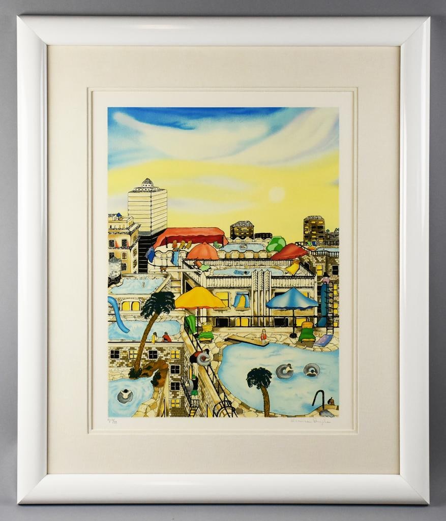 Linnea Pergola (b1953) Summer in the City AP 21/50 Serigraph: Very cool serigraph by California born artist Linnea Pergola (b1953). This limited edition Artist Proof - 21 of 50 - is called Summer in the City. Busy city scene with most visible building having a p