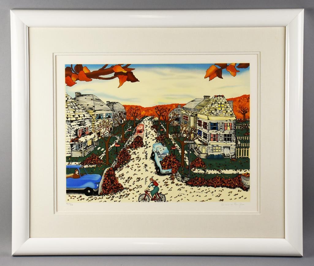 Linnea Pergola (b1953) Center Ave in Fall AP 21/50 Serigraph: Awesome serigraph by California born artist Linnea Pergola (b1953). This limited edition Artist Proof - 21 of 50 - is called Center Avenue in Fall. Residential street with heavy fallen leaves. It is s