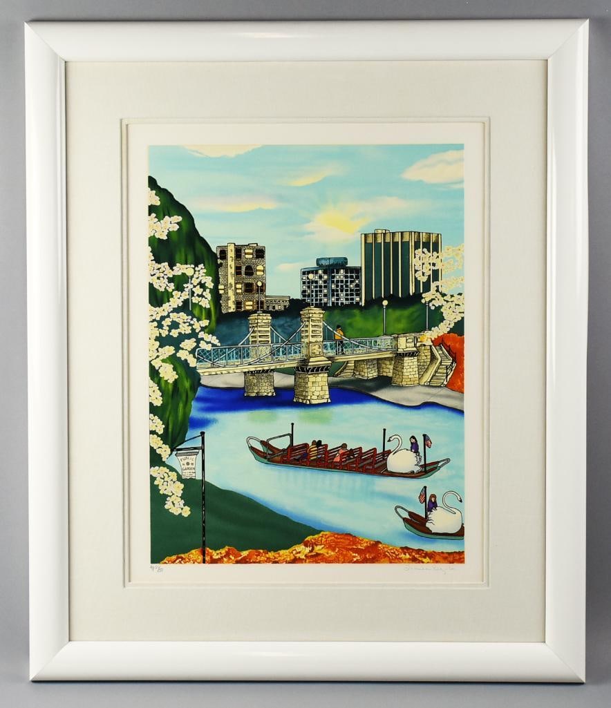 Linnea Pergola (b1953) Spring Boat Ride AP 21/50 Serigraph: Very cool serigraph by California born artist Linnea Pergola (b1953). This limited edition Artist Proof - 21 of 50 - is called Spring Boat Ride. Darling image is of people riding in swan boats. It is