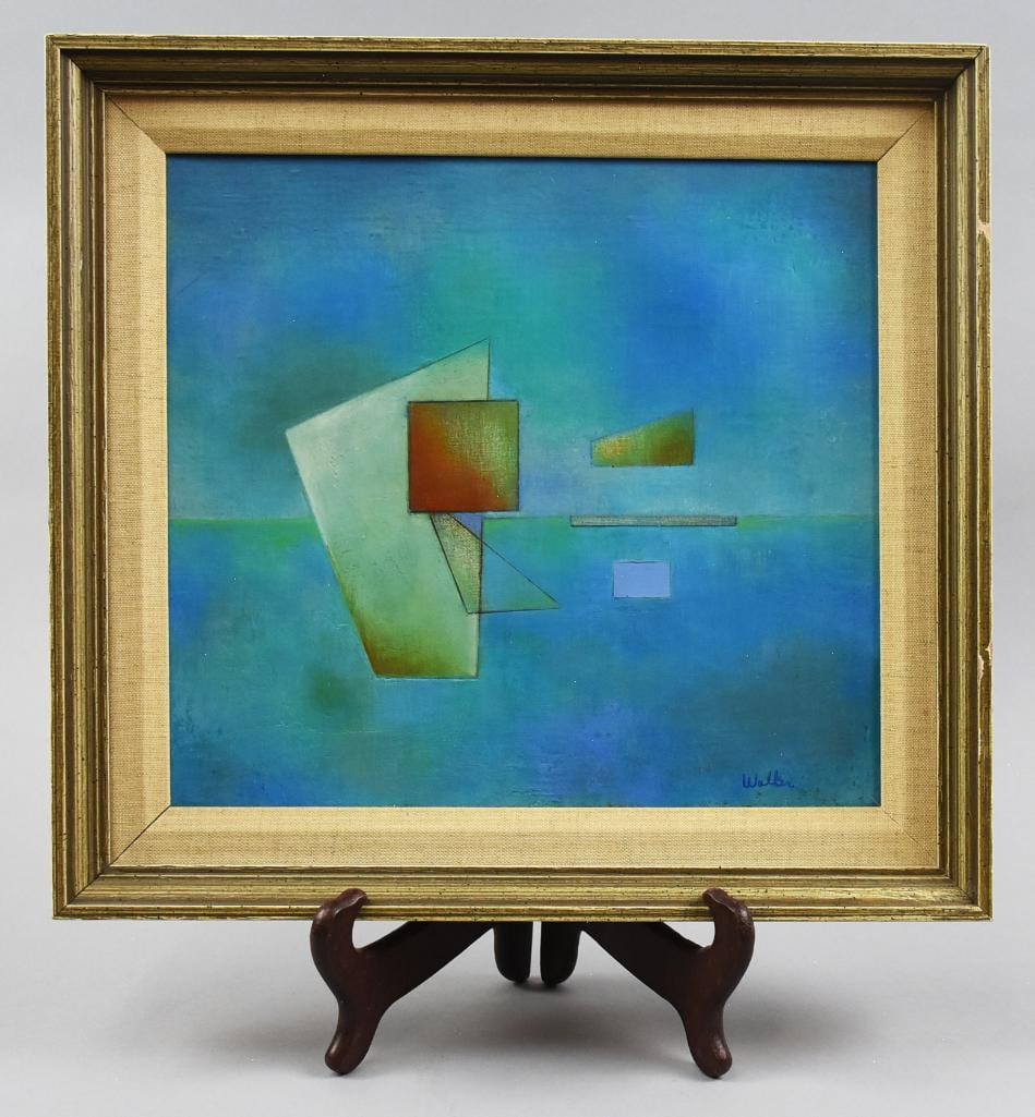 Walker Signed Abstract Geometric Painting: This is a great looking piece of artwork signed Walker.? Nice blue background with cool geometric shapes.? Frame measures 14" x 15", visible image measures 11" x 12", unknown artist.