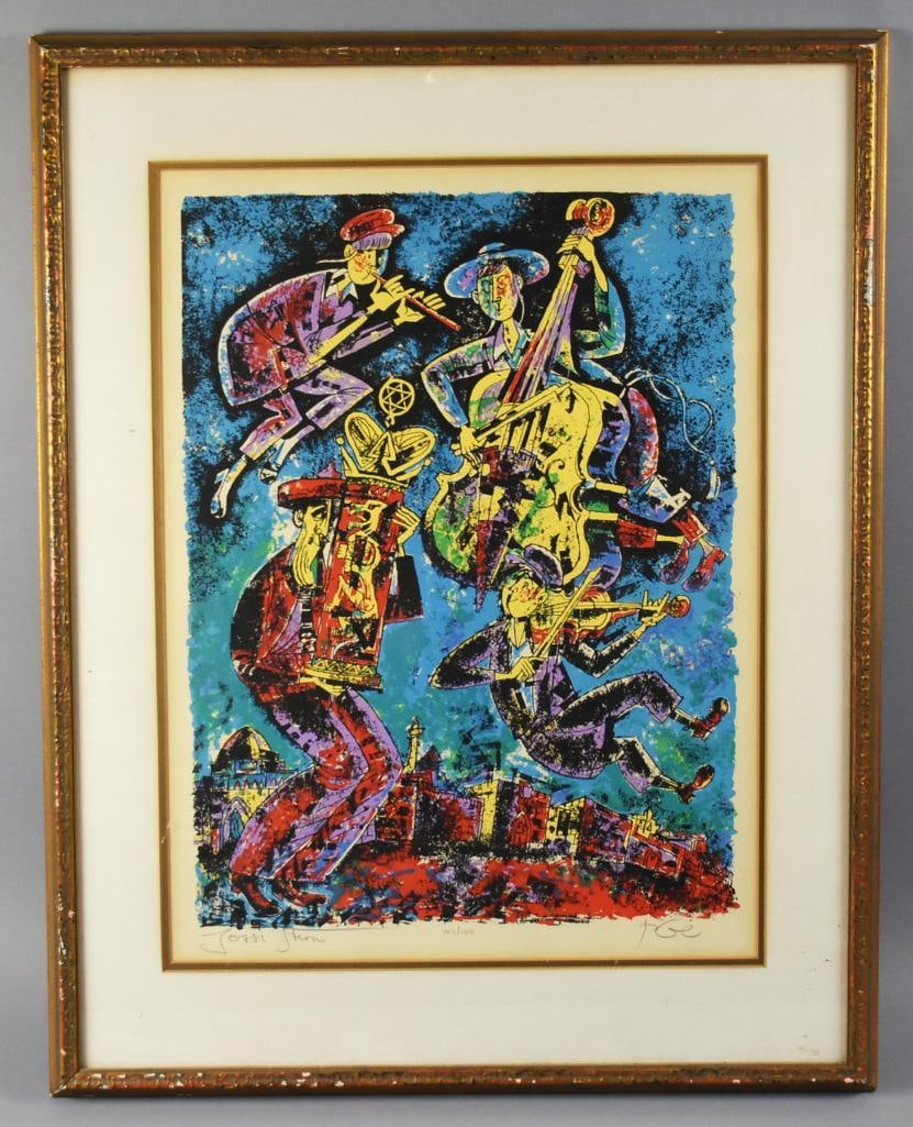 Yossi Stern (1923-1992) Redemption of Jerusalem Ltd Ed Litho: Wonderful color lithograph from Hungarian Artist Yossi (Jossi) Stern (1923-1992). It is called "Rejoicing in the Redemption of Jerusalem". Bold colors and outlines of musicians dancing and playing