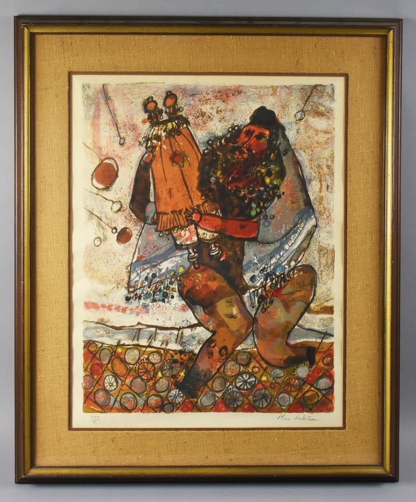 Theo Tobiasse (1927-2012) When the Torah Dances Ltd Ed Litho: Great limited edition lithograph from French artist Theo Tobiasse (1927-2012). It is called When the Torah Dances with the Rabbi with bold autumnal colors. Limited edition number 2/20 and is nicely