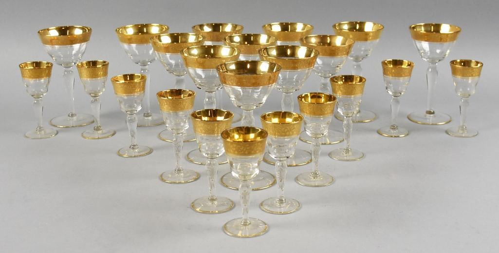 c1930 Tiffin Rambler Rose Glassware, Gold Encrusted Rims: Beautiful assortment of depression glass from Tiffin Franciscan. Pattern is called Rambler Rose with clear body and gold encrusted rims of stylized roses. Includes 12 4" tall cordials and 11 5.25" cla
