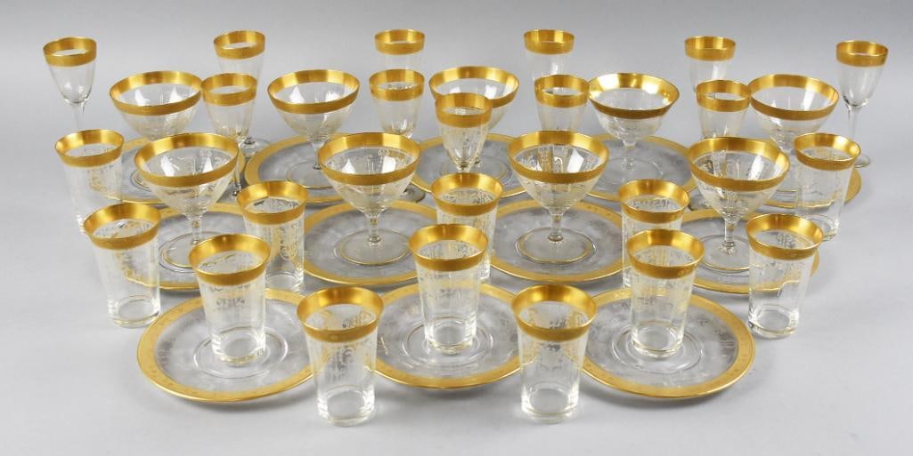 c1930 TIffin Attrib Etched Glass w/ Gold Encrusted Rims: This is an amazing assortment of c1930 depression glass beautiful gold encrusted rims. The acid etched design is swags and urns with flowers, gold rims with shell and flowers. Collection includes 10 3