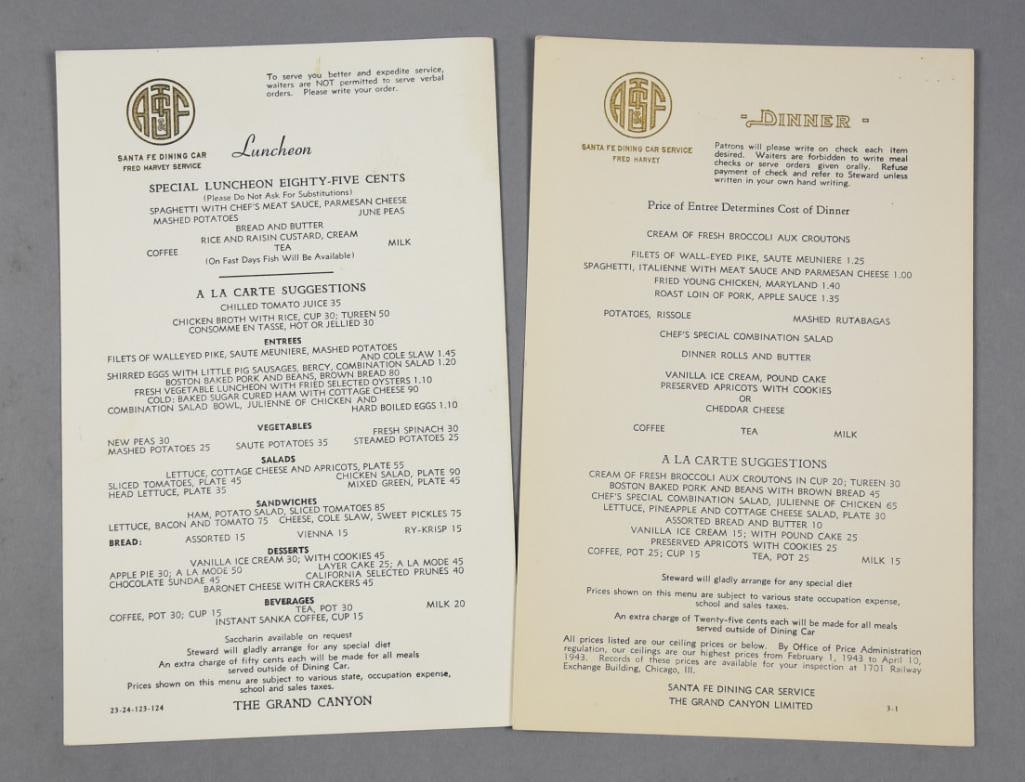 Vintage Santa Fe Dining Car Luncheon & Dinner Menus (1 of 4)