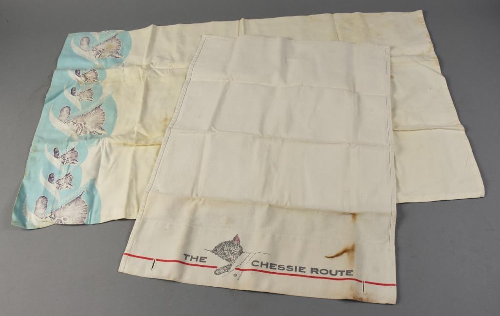 Vintage Chesapeake Ohio Chessie Dish Towels: Darling pair of vintage dish towels for the Chesapeake and Ohio Railroad. Each features the mascot Chessie the cat. Both appear linen.