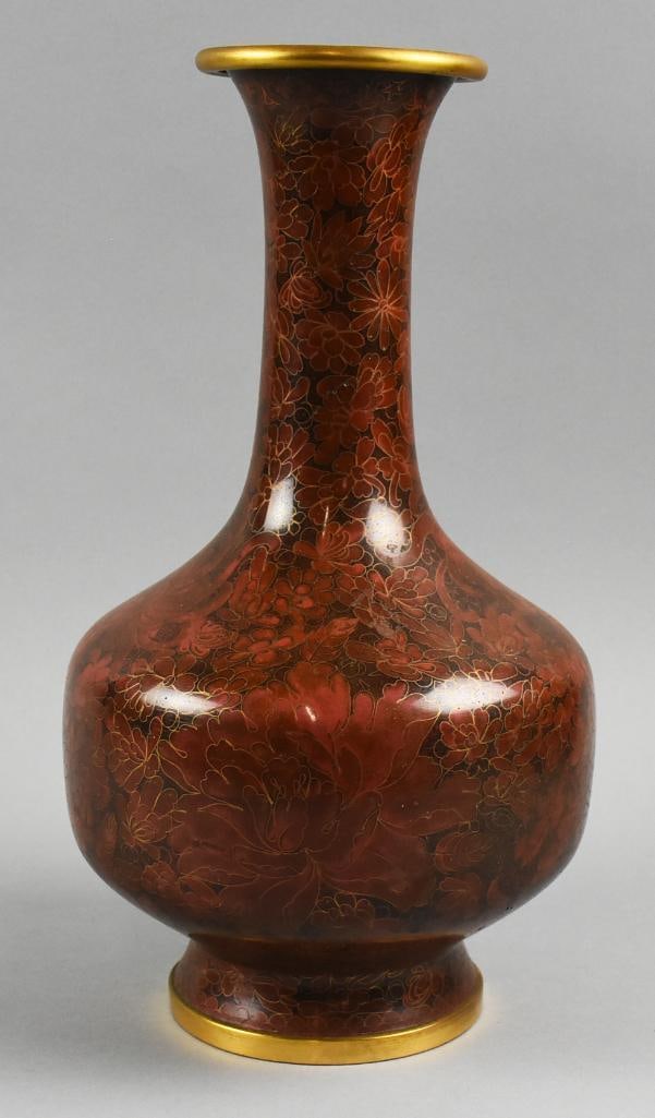 Vintage Large Chinese Floral Cloisonne Vase: Fantastic vintage vase made in China. It is brown and dark pink enamel cloisonne with blue enamel on bottom and appears bronze. No visible marks and stands approx. 15.5" tall.