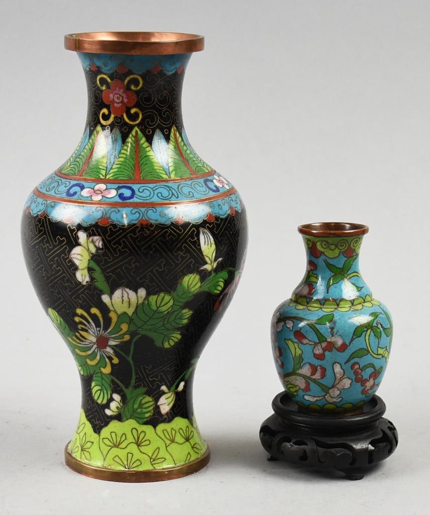 Antique Chinese Cloisonne Vases, Rosewood Stand (1 of 5)