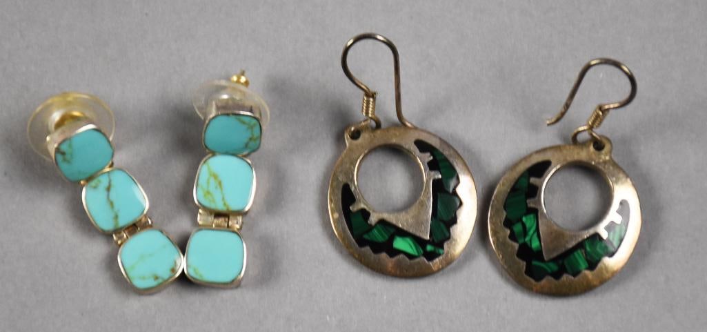 Vintage Mexican and Chile Sterling Earrings: Pretty pairs of sterling earrings. One pair is Mexican sterling with inlay of malachite, one pair appears to be stamped Chile with inlay of turquoise. Both pierced, with one post, one wire.