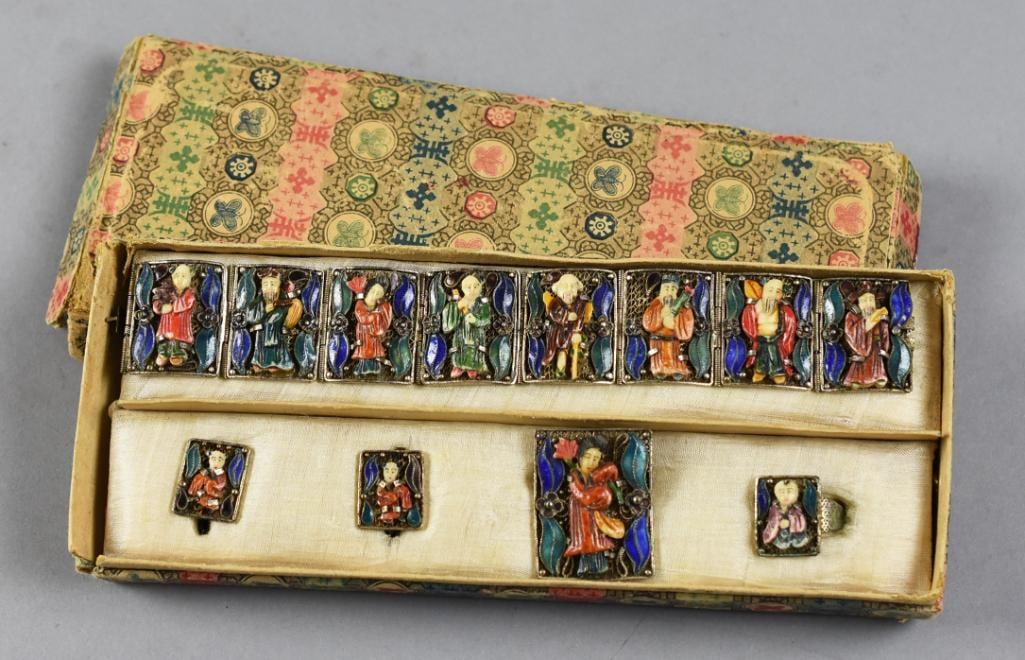 Vint. Chinese Export Immortals Filigree Enamel 5 pc Set (1 of 13)