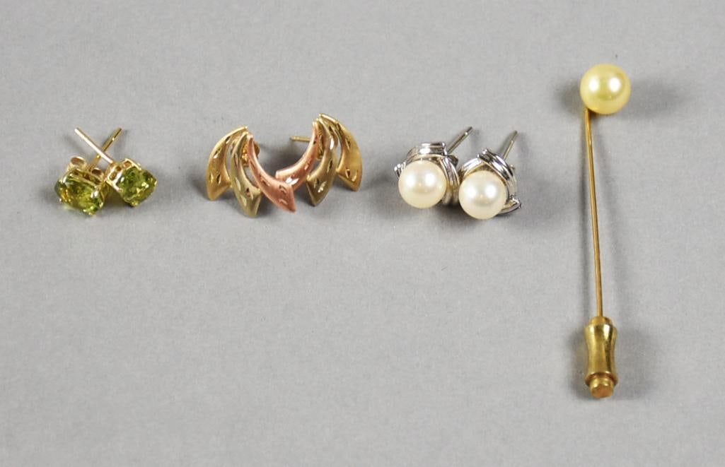Assorted 14K Yellow Gold Earrings, Stick Pin, Peridot, Pearl (1 of 7)