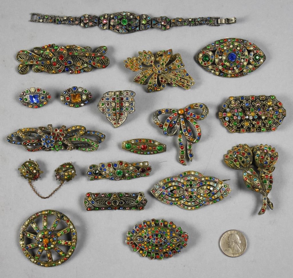 c1930 Art Deco Rhinestone Bracelet & Brooch Assortment - 3