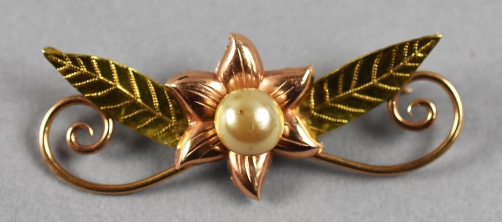 c1950 Hobson 10K Yellow & Rose Gold, Pearl Brooch: Very pretty vintage brooch from Hobson Co. It is a c1950 10K yellow and rose gold flower, leaf and scroll with a nice pearl center. It comes in the original presentation box from Wesley's in