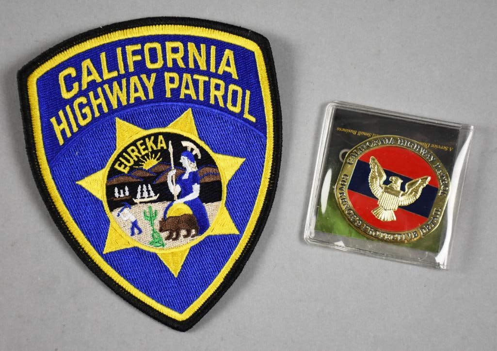 California Highway Patrol Patch & Gov Protective Detail Coin: Very cool collectibles for the California Highway Patrol. These pieces include a special limited distribution coin for the Governor's Protective Detail (hair gel not included) with the California