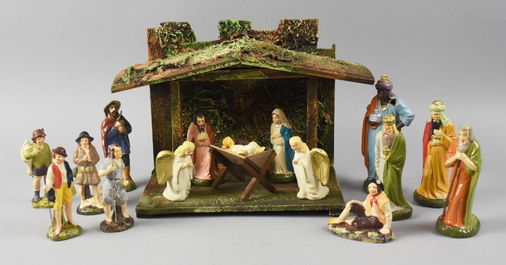 Vintage German & Japan Nativity Scene w/ Extra Figures: This is a fun nativity scene with additional figure that can be displayed with the scene or on their own with something else. Included is the stable with manger, Mary, Joseph and the baby Jesus. There