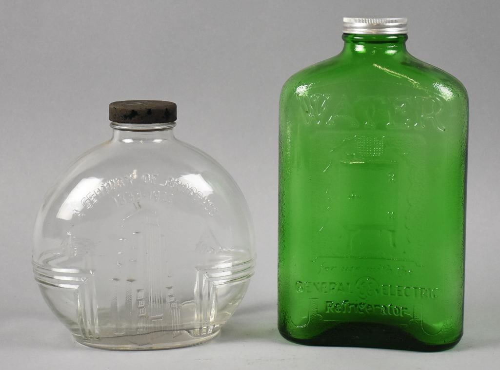 Chicago World's Fair, General Electric Fridge Water Bottles: Very cool and functional, even today are these vintage glass bottles. Each is for holding water and are embossed. The clear glass bottle is for the 1933 Chicago World's Fair - A Century of Progress 18