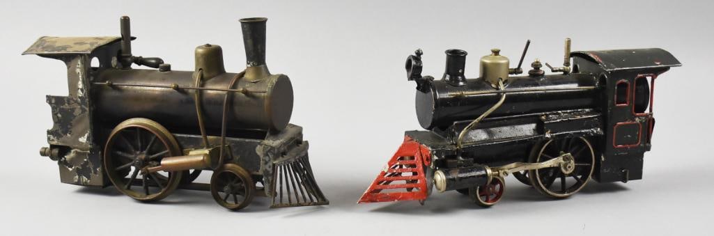 Antique Schoenner Live Steam Locomotives: Both of these awesome locomotives are attributed to Schoenner. One a solid black with brass accents and one black with red accents and red cowcatcher.
