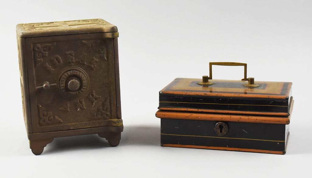 Antique Ideal Cast Iron Coin Bank, Pressed Steel Cash Box (1 of 6)