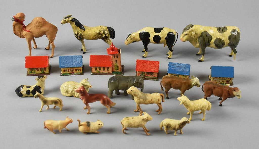 Large Collection German Putz & Other Animals, Buildings: These are a lot of fun. They appear to be mostly Putz animals and buildings, could possibly be all. Many are marked or have labels indicating German origin. They are of a variety of materials includin