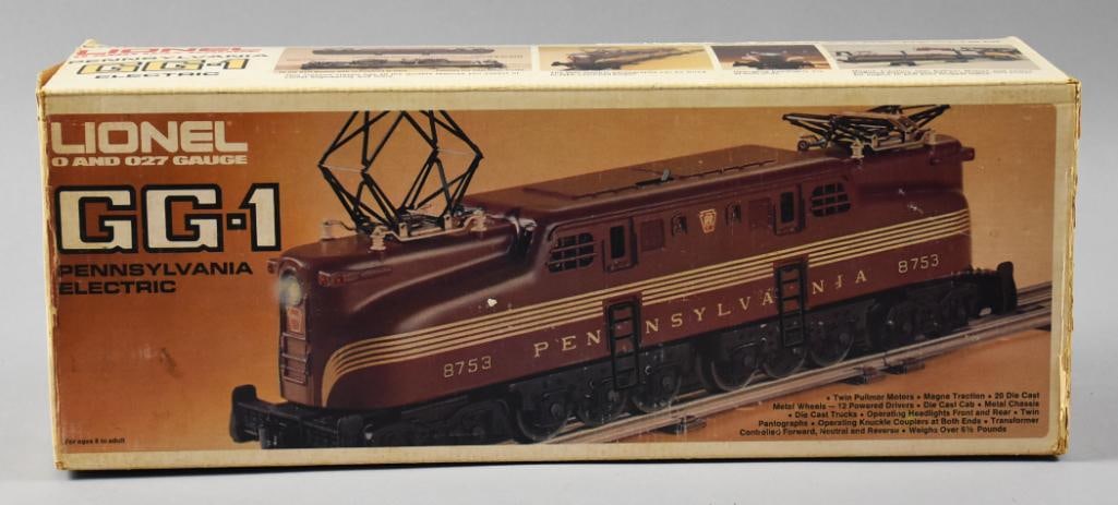 1977 Lionel GG-1 8753 Pennsylvania Electric O - 027 Gauge MIB: This cool Lionel GG-1 Pennsylvania Electric locomotive was only offered for sale in 1977. It is an O and 027 gauge and comes in the original box with original factory plastic and instruction card.?